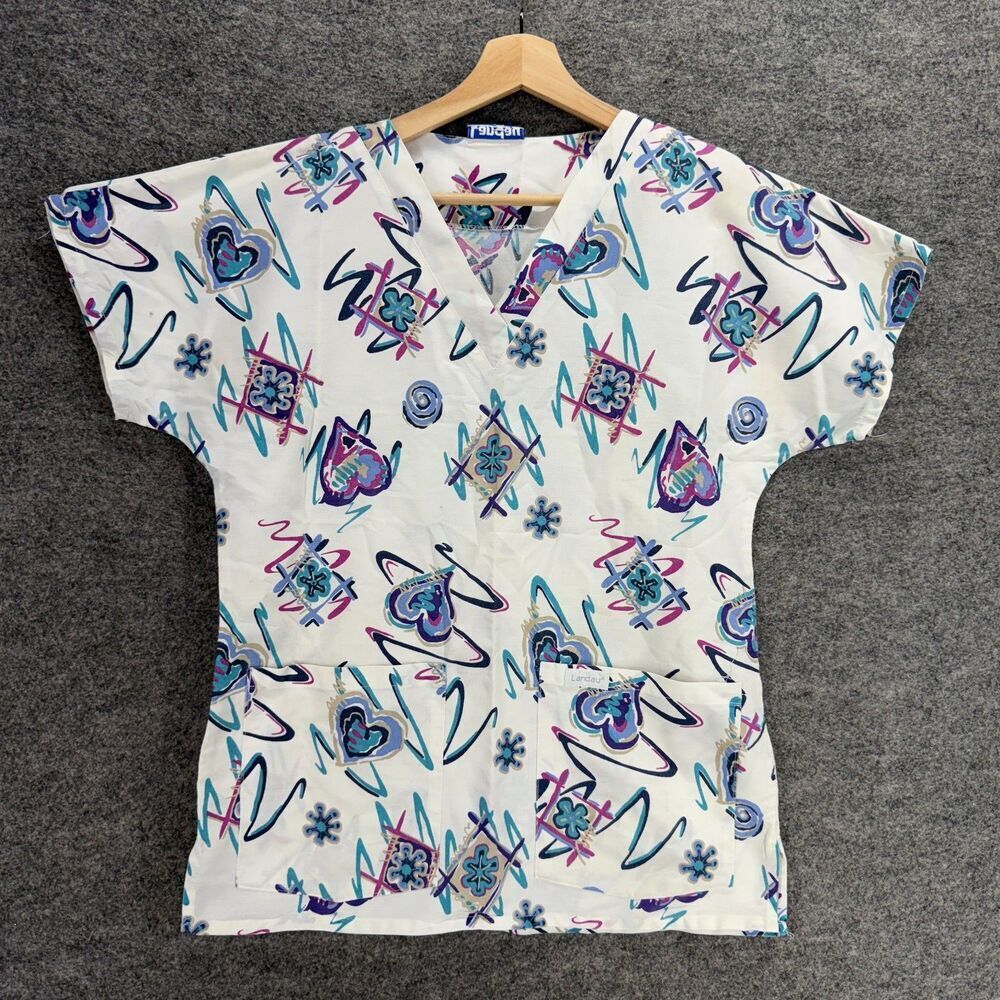 Unbranded Scrub Top Women M Medium White Geometric V-Neck Short Sleeve Pockets